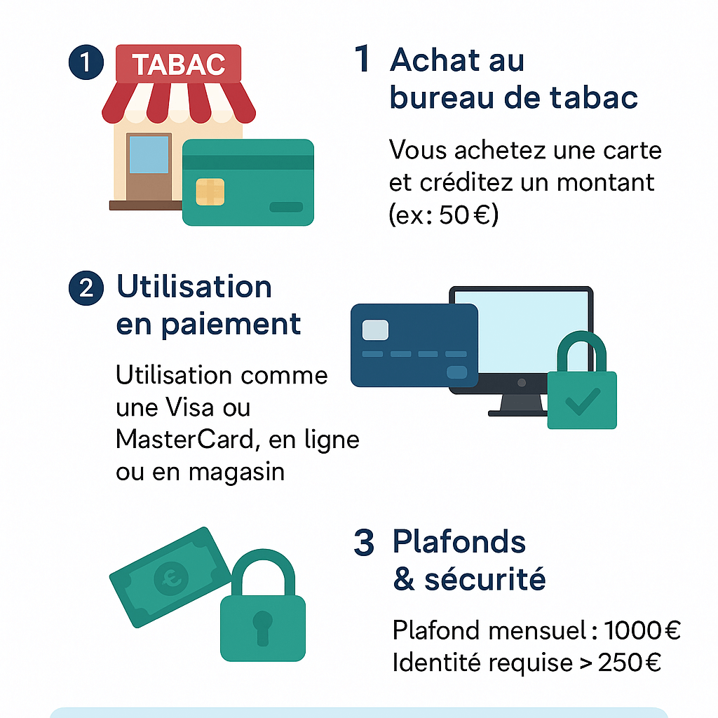 Infographie en 3 étapes : fonctionnement d’une carte prépayée tabac — achat au bureau de tabac, utilisation comme carte bancaire, plafonds et sécurité
