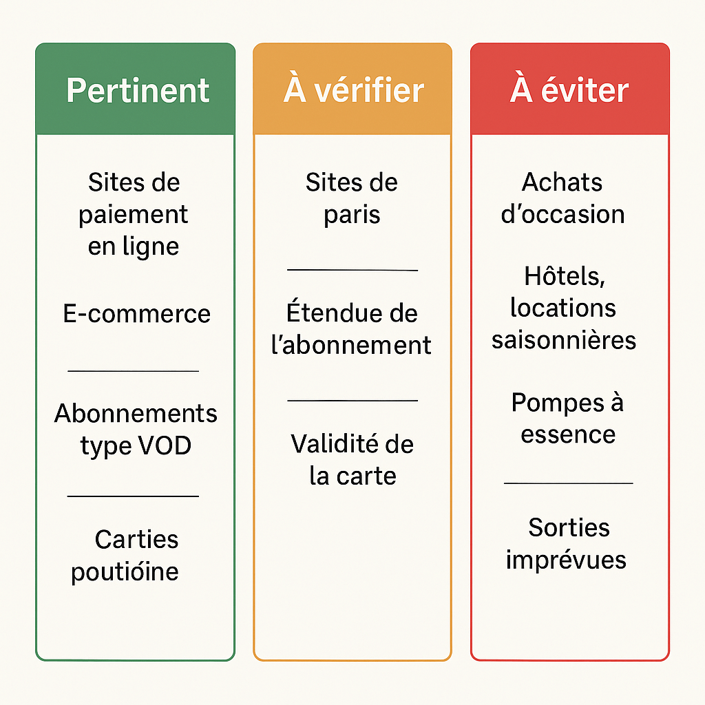 Infographie feu tricolore : Pertinent, À vérifier, À éviter pour l’usage d’une carte prépayée tabac