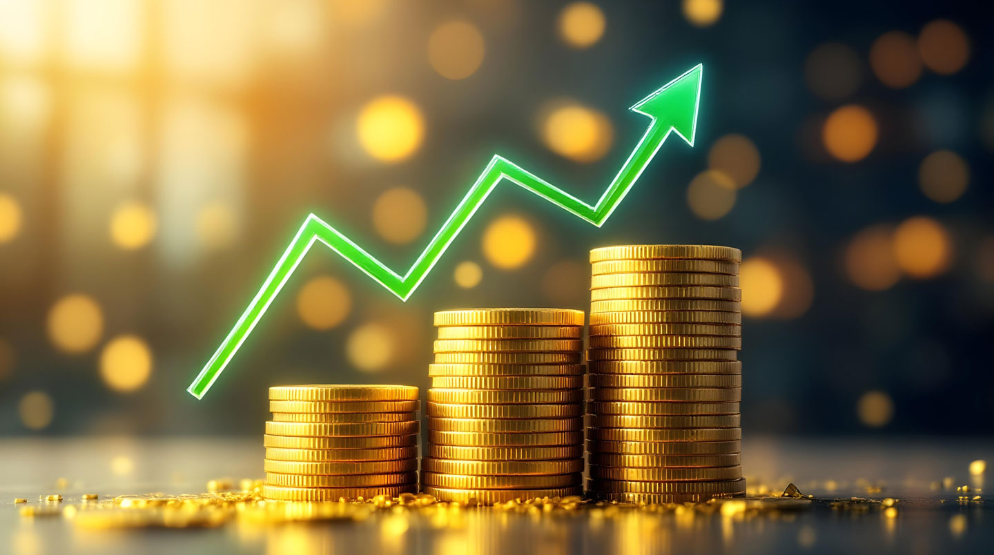 Illustration abstraite d'un arbre dont les racines deviennent graphiques de croissance et les feuilles des pièces d'or, symbolisant l'investissement ESG