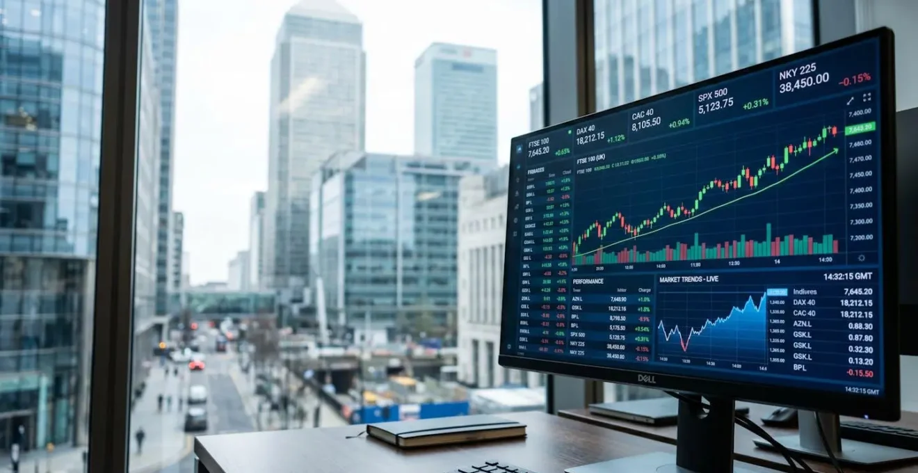 Écran de trading affichant graphiques boursiers européens et mondiaux, symbolisant l'accès aux marchés via PEA et compte-titres