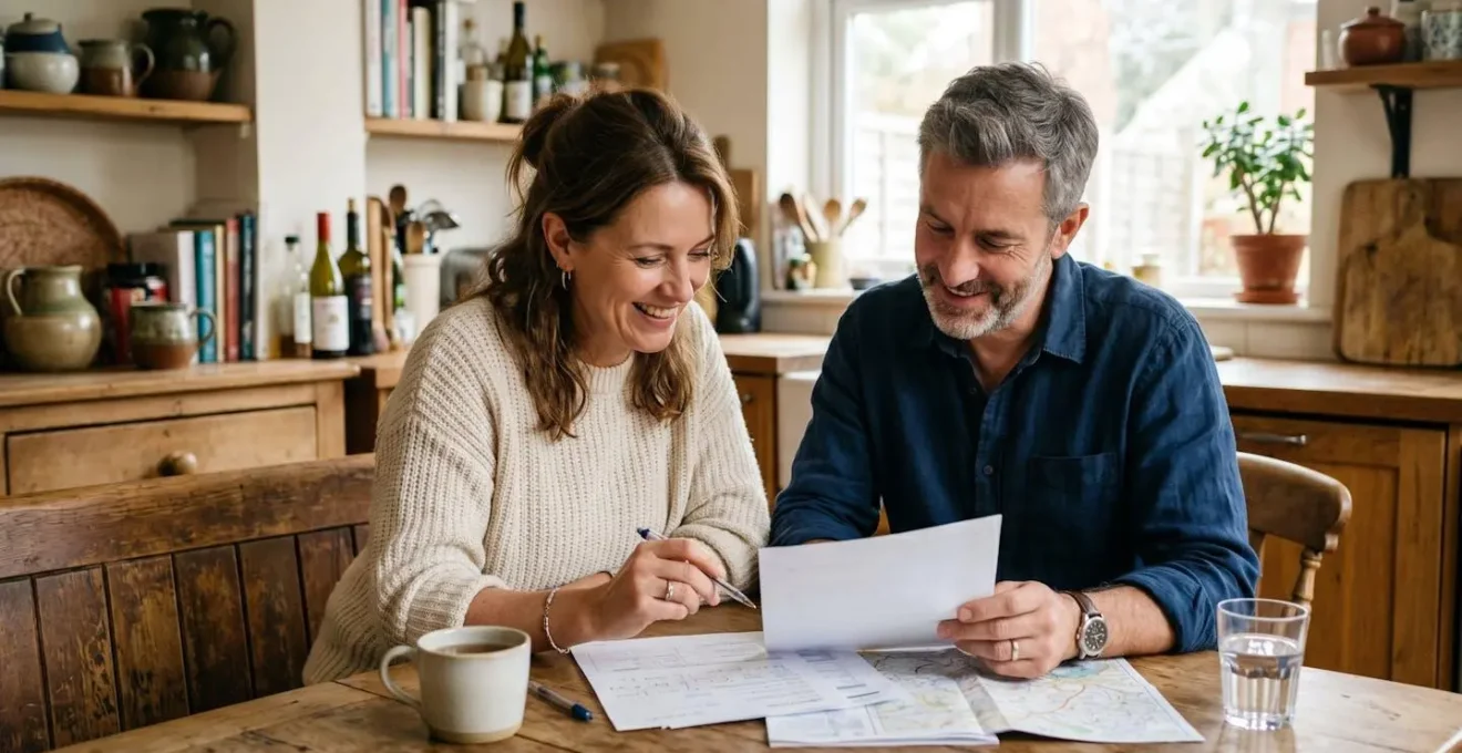 Couple de 40 ans discutant de leur épargne autour d'une table de cuisine, documents épars