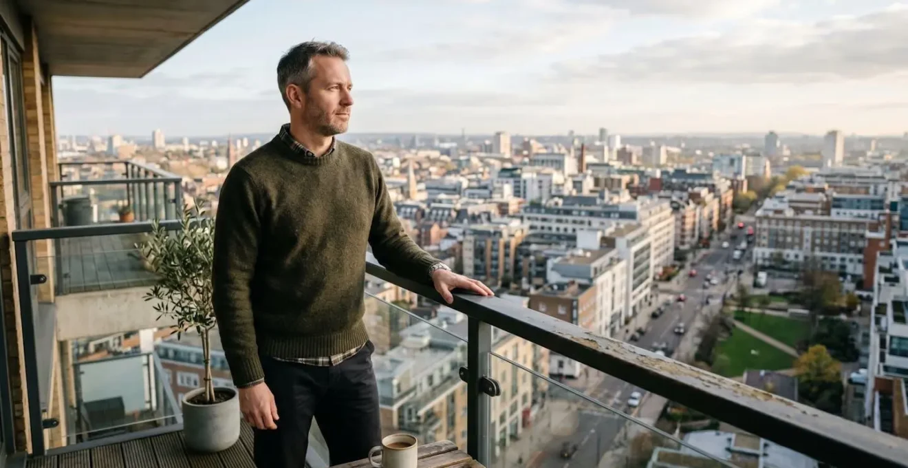 Homme de 45 ans regardant au loin depuis le balcon de son appartement, posture réfléchie