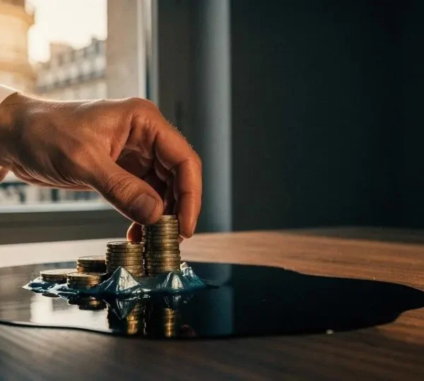 Illustration symbolique d'un investisseur français examinant les couches cachées des frais d'un placement financier