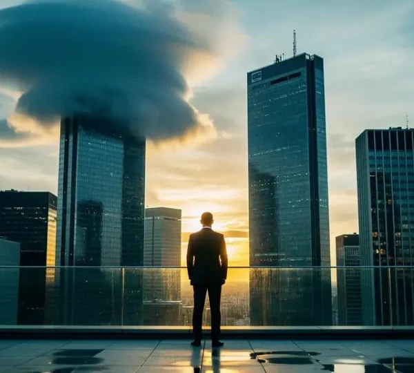 Silhouette d'un investisseur observant les tours de la Défense sous un ciel orageux, symbole de l'anticipation des signaux économiques avant un krach