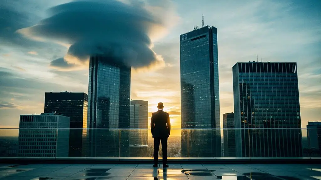 Silhouette d'un investisseur observant les tours de la Défense sous un ciel orageux, symbole de l'anticipation des signaux économiques avant un krach