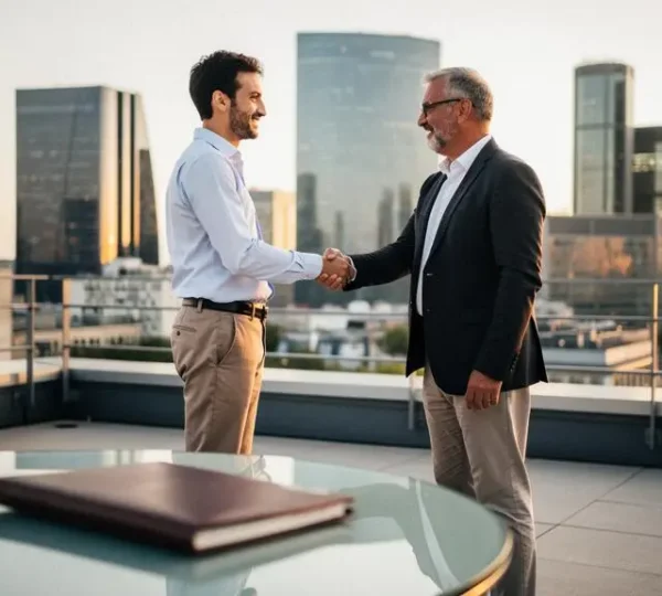 Entrepreneur et investisseur se serrant la main face a un horizon d'affaires parisien, symbole d'un accord de financement reussi
