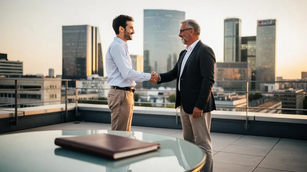 Entrepreneur et investisseur se serrant la main face a un horizon d'affaires parisien, symbole d'un accord de financement reussi