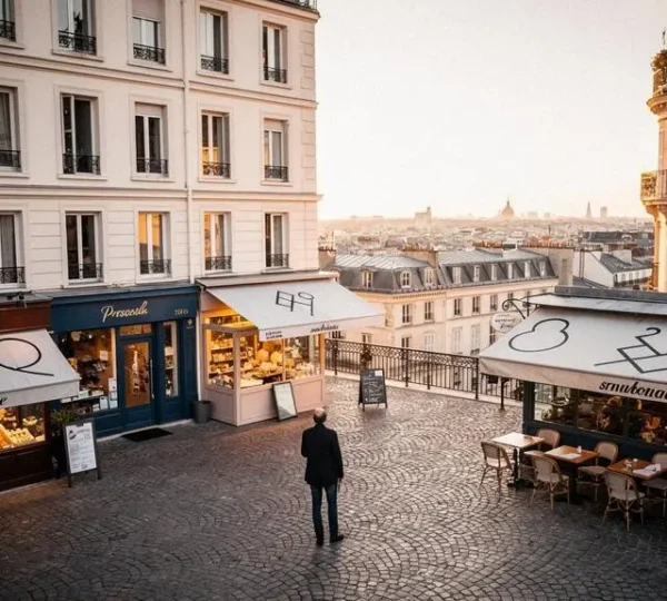 Vue en hauteur d'une place de marche francaise avec plusieurs commerces, illustrant l'analyse strategique de la concurrence pour une PME
