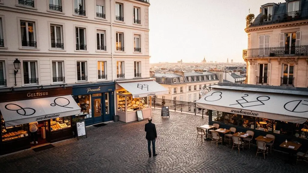 Vue en hauteur d'une place de marche francaise avec plusieurs commerces, illustrant l'analyse strategique de la concurrence pour une PME