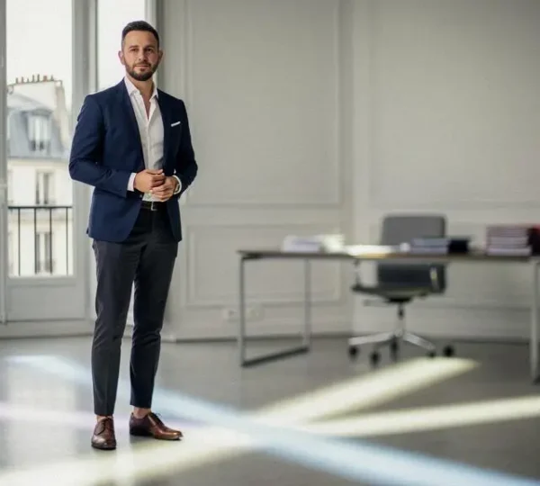 Entrepreneur francais a un carrefour symbolique representant le choix entre plusieurs formes juridiques d'entreprise