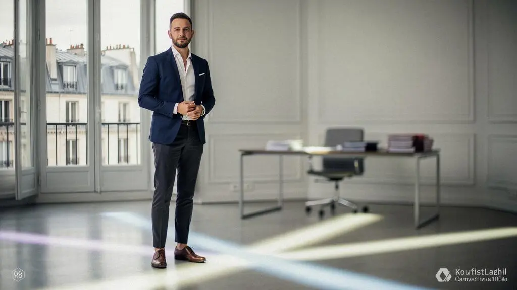 Entrepreneur francais a un carrefour symbolique representant le choix entre plusieurs formes juridiques d'entreprise