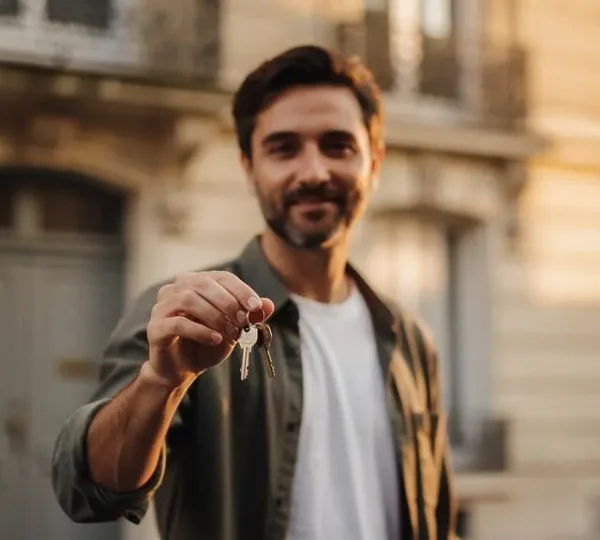 Main tenant des clés devant un immeuble résidentiel français, symbole de l'acquisition d'un premier bien locatif rentable