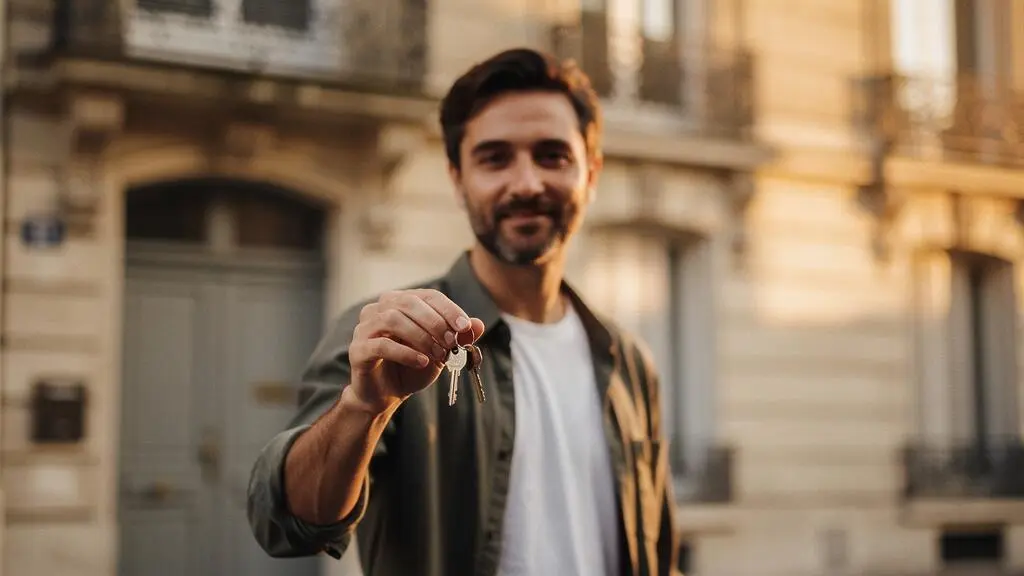 Main tenant des clés devant un immeuble résidentiel français, symbole de l'acquisition d'un premier bien locatif rentable