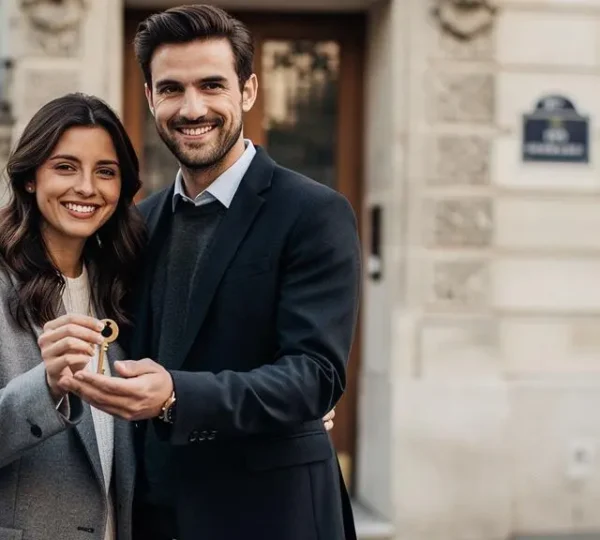 Jeune couple français recevant les clés de son premier appartement, symbole d'un achat immobilier réussi avec un apport limité