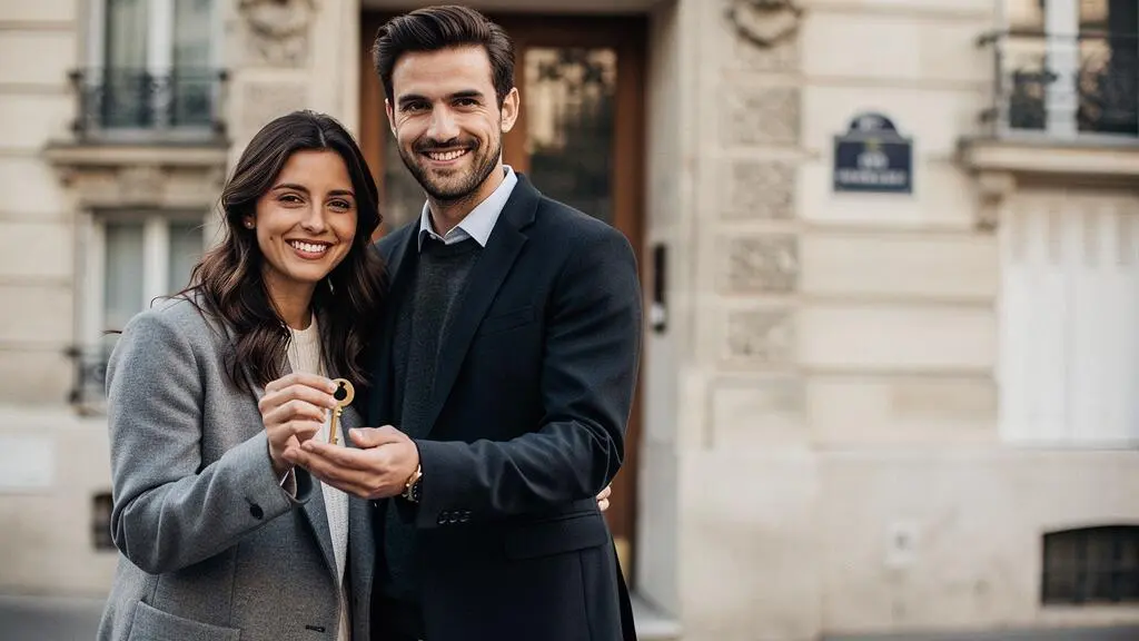 Jeune couple français recevant les clés de son premier appartement, symbole d'un achat immobilier réussi avec un apport limité