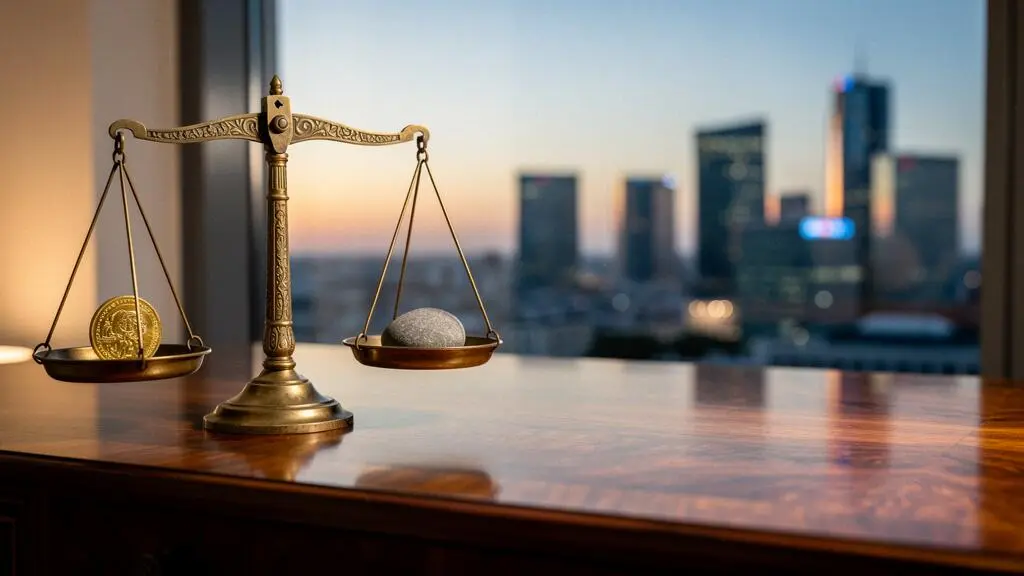 Une balance de precision en laiton posee sur un bureau, symbolisant la comparaison d'un rendement d'investissement a son juste indice de reference