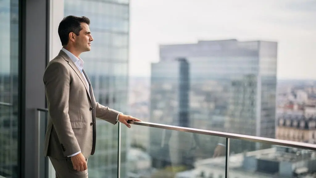 Dirigeant d'entreprise française examinant des données financières dans un bureau lumineux avec vue sur un quartier d'affaires parisien, symbolisant la transparence envers les investisseurs