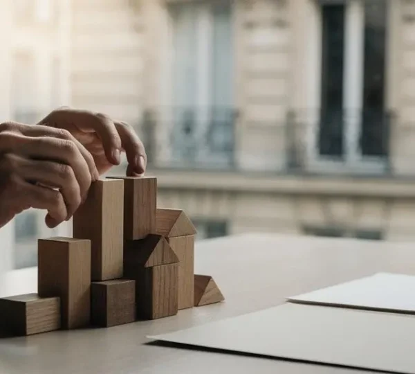 Entrepreneur francais organisant les etapes cles de la creation de son entreprise sur un bureau minimaliste