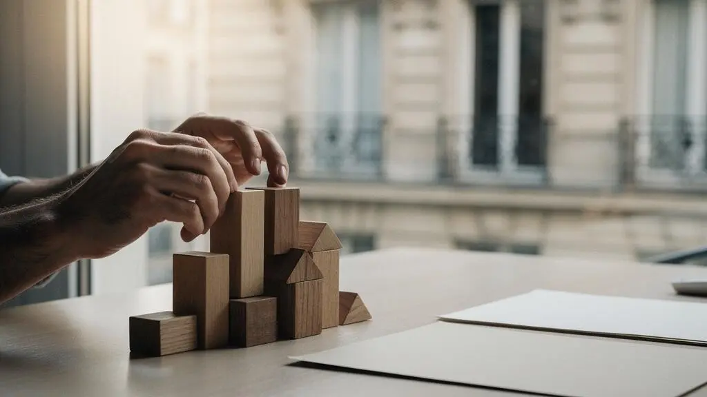 Entrepreneur francais organisant les etapes cles de la creation de son entreprise sur un bureau minimaliste