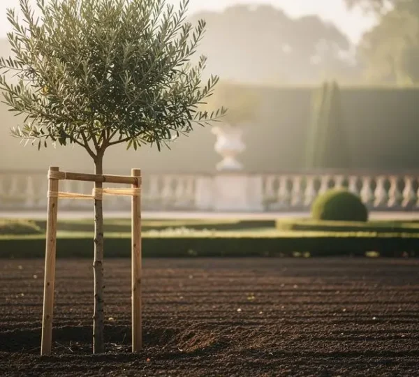 Un jeune arbre soutenu par un tuteur en bois pousse avec vigueur dans un jardin à la française, symbolisant une croissance financière protégée et régulière