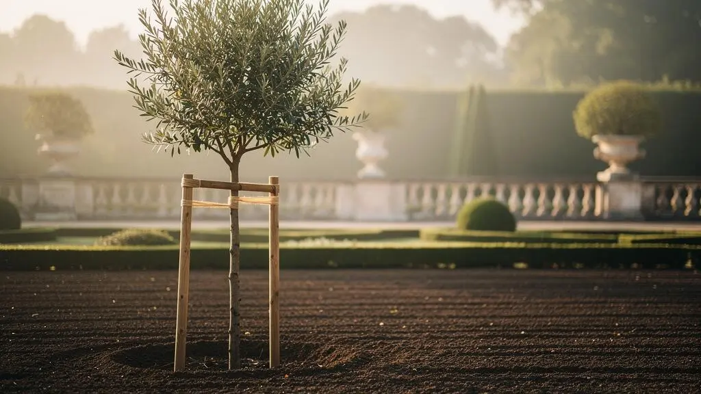 Un jeune arbre soutenu par un tuteur en bois pousse avec vigueur dans un jardin à la française, symbolisant une croissance financière protégée et régulière