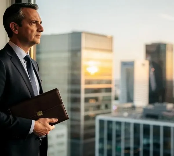 Directeur financier serein tenant un porte-documents en cuir face aux tours de La Defense, symbolisant la rigueur avant le depot du document de reference AMF