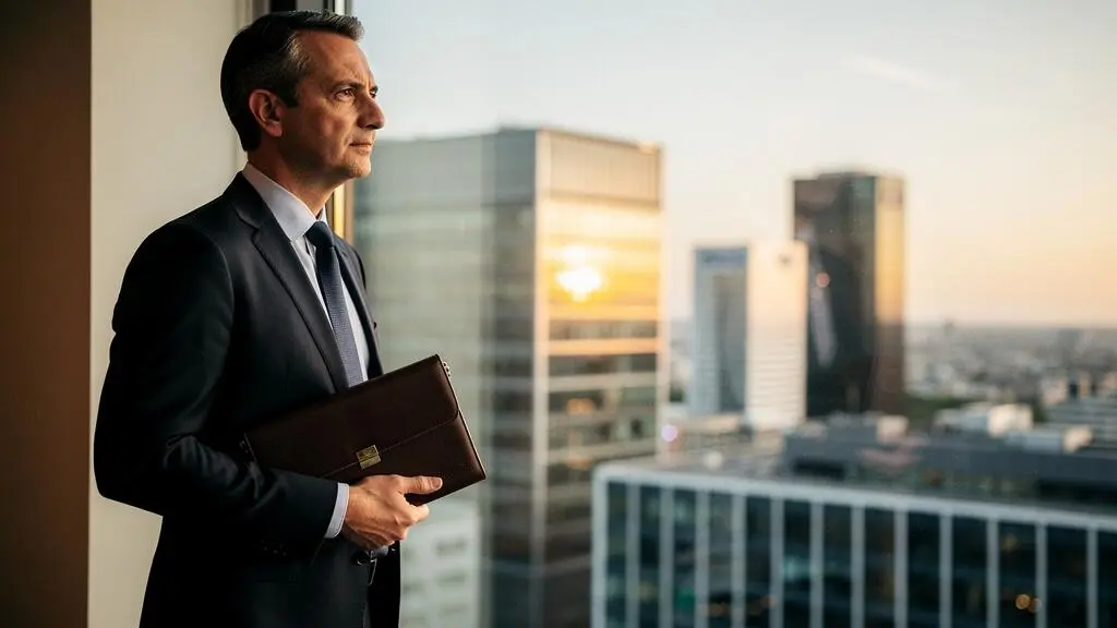 Directeur financier serein tenant un porte-documents en cuir face aux tours de La Defense, symbolisant la rigueur avant le depot du document de reference AMF