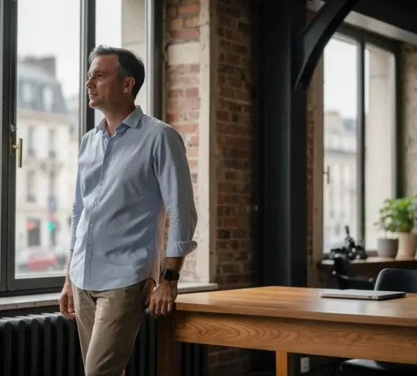 Dirigeant de PME française observant pensivement les indicateurs économiques de rentabilité dans un bureau baigné de lumière naturelle