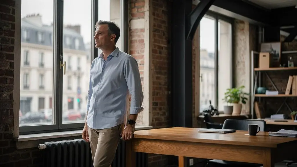 Dirigeant de PME française observant pensivement les indicateurs économiques de rentabilité dans un bureau baigné de lumière naturelle