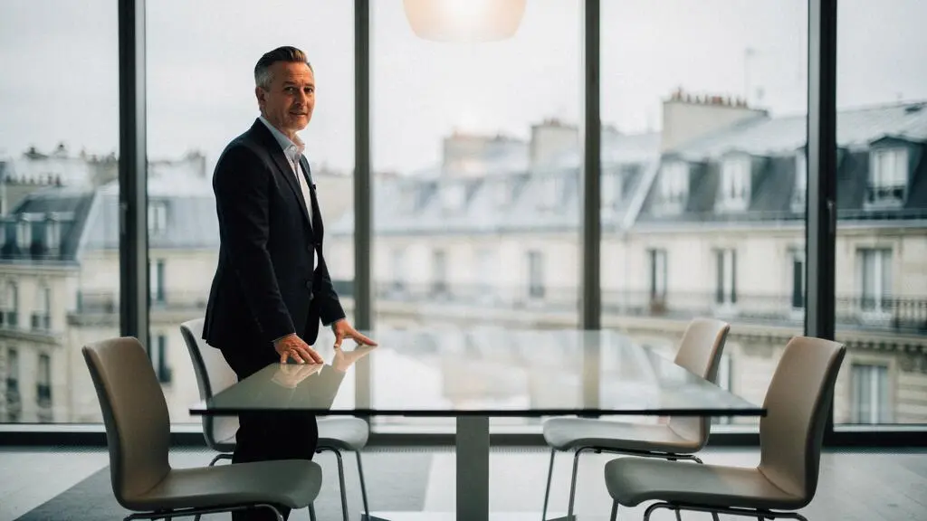 Dirigeant d'entreprise en reflexion dans une salle de reunion moderne, symbolisant l'equilibre entre actionnaires, salaries, clients et investisseurs