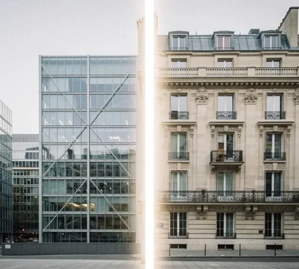 Illustration symbolique représentant les deux structures juridiques françaises d'investissement collectif, le FCP et la SICAV, à travers une architecture parisienne contrastée