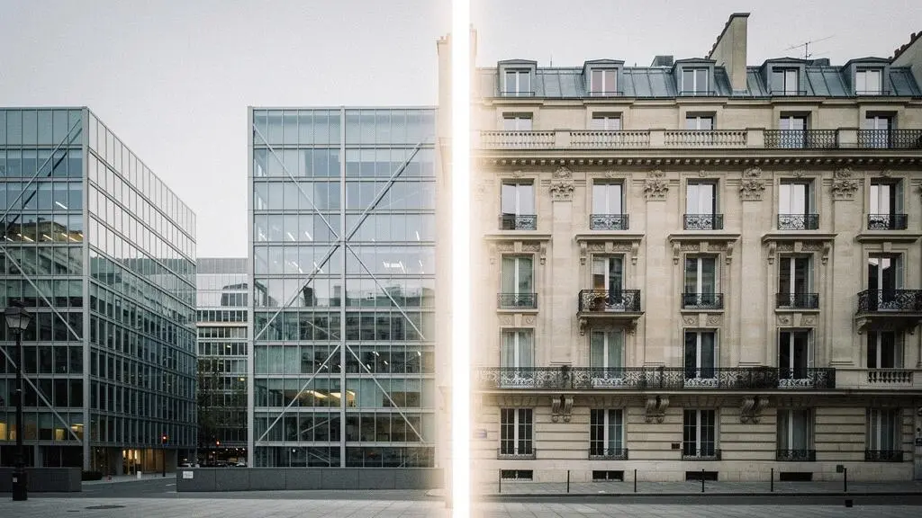 Illustration symbolique représentant les deux structures juridiques françaises d'investissement collectif, le FCP et la SICAV, à travers une architecture parisienne contrastée