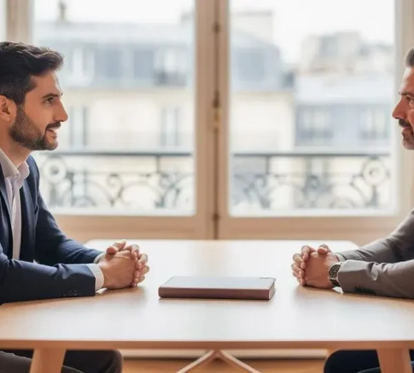 Entrepreneur français échangeant un regard de confiance avec un investisseur dans un bureau parisien lumineux, symbolisant la rencontre avec le bon partenaire financier