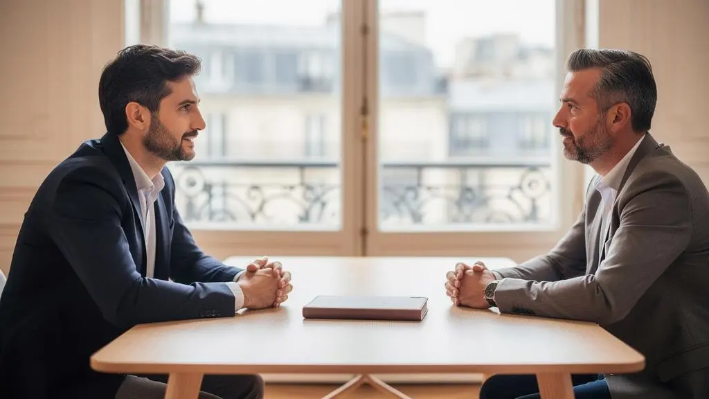 Entrepreneur français échangeant un regard de confiance avec un investisseur dans un bureau parisien lumineux, symbolisant la rencontre avec le bon partenaire financier