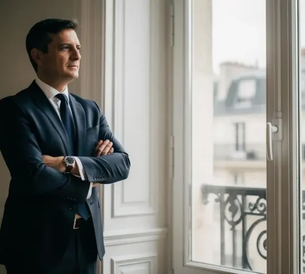 Dirigeant d'entreprise français pensif face à une structure architecturale symbolisant l'optimisation fiscale et patrimoniale