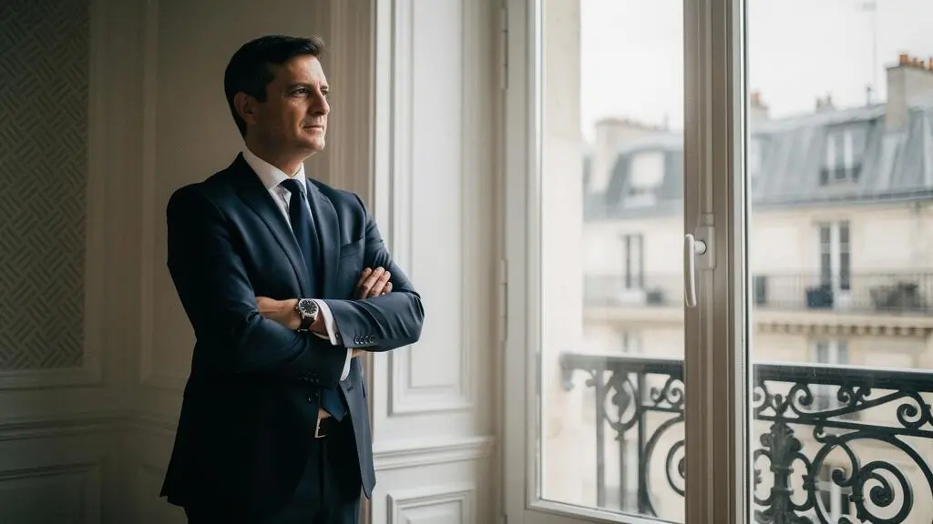 Dirigeant d'entreprise français pensif face à une structure architecturale symbolisant l'optimisation fiscale et patrimoniale
