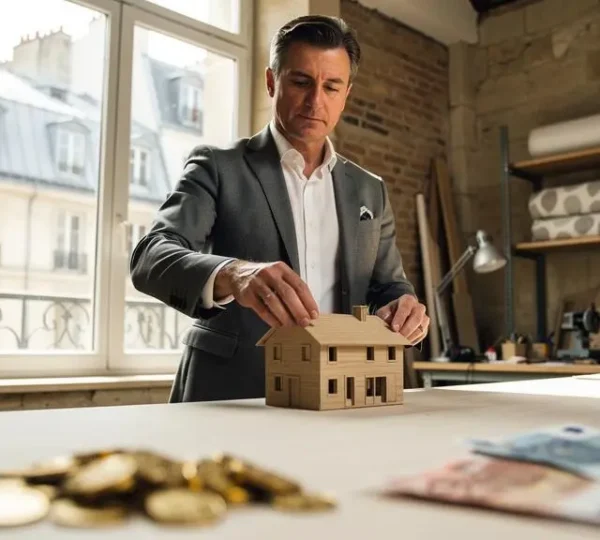 Investisseur particulier examinant une maquette symbolique d'une PME française pour illustrer l'investissement et la réduction d'impôt