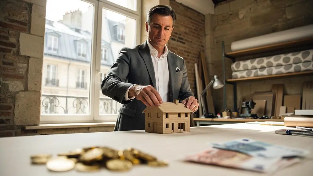 Investisseur particulier examinant une maquette symbolique d'une PME française pour illustrer l'investissement et la réduction d'impôt