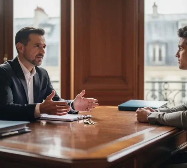 Un notaire et un jeune couple français examinant ensemble les documents d'une acquisition immobilière de 250 000 euros dans une étude notariale