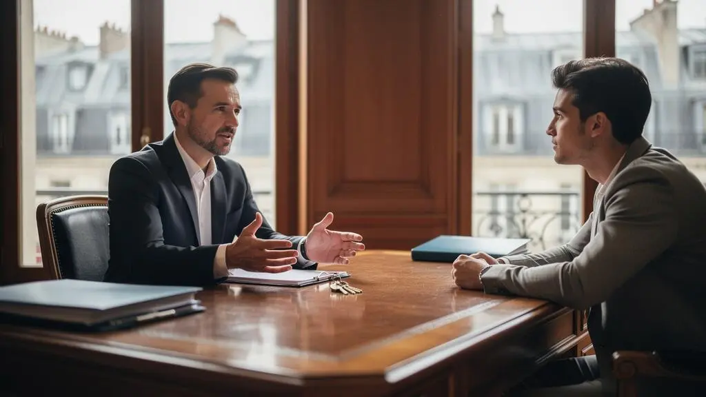 Un notaire et un jeune couple français examinant ensemble les documents d'une acquisition immobilière de 250 000 euros dans une étude notariale