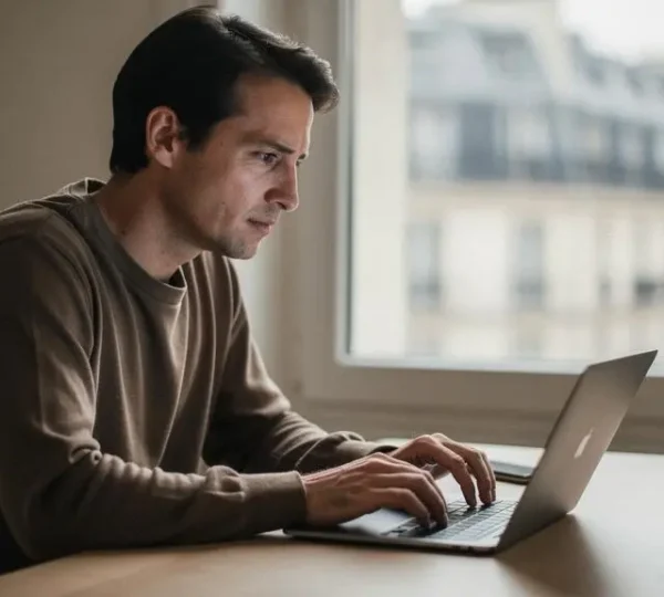 Investisseur particulier français concentré au moment de valider un ordre de bourse sur son ordinateur, dans un intérieur parisien lumineux