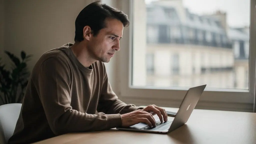 Investisseur particulier français concentré au moment de valider un ordre de bourse sur son ordinateur, dans un intérieur parisien lumineux