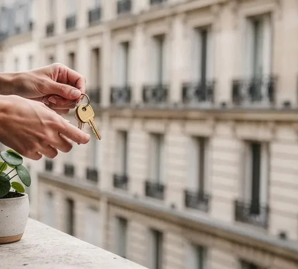 Mains échangeant des clés en laiton devant une façade haussmannienne symbolisant la construction d'un patrimoine par la défiscalisation en France