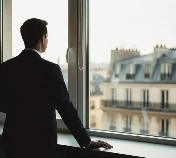 Entrepreneur français observant un horizon urbain depuis un bureau lumineux, symbolisant la projection financière sur 18 mois