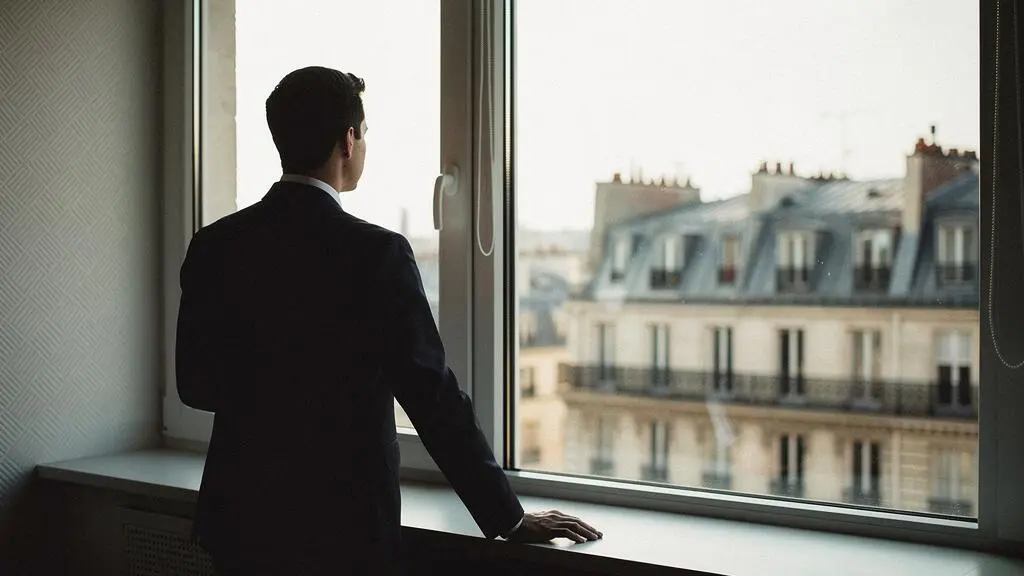 Entrepreneur français observant un horizon urbain depuis un bureau lumineux, symbolisant la projection financière sur 18 mois