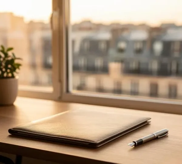 Bureau minimaliste avec vue sur une architecture haussmannienne symbolisant la planification fiscale de fin d'année en France
