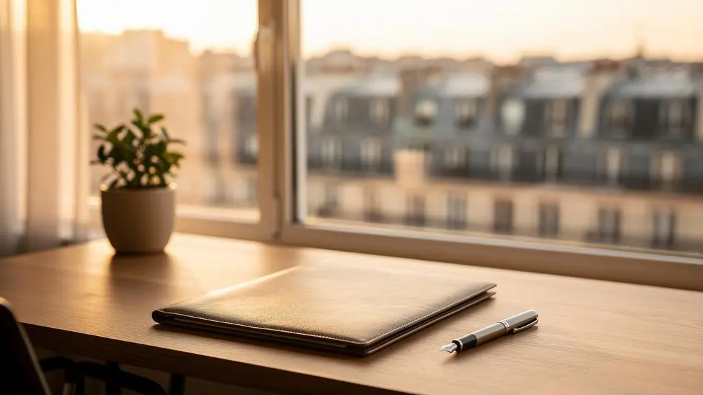 Bureau minimaliste avec vue sur une architecture haussmannienne symbolisant la planification fiscale de fin d'année en France