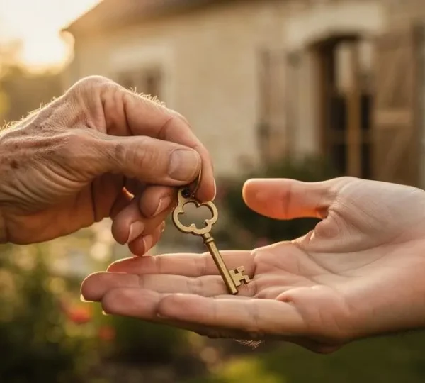 Main âgée transmettant symboliquement un objet précieux à une main plus jeune, dans un décor évoquant la transmission patrimoniale familiale en France