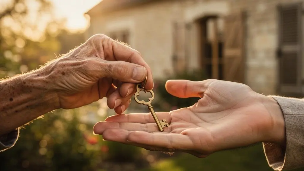 Main âgée transmettant symboliquement un objet précieux à une main plus jeune, dans un décor évoquant la transmission patrimoniale familiale en France
