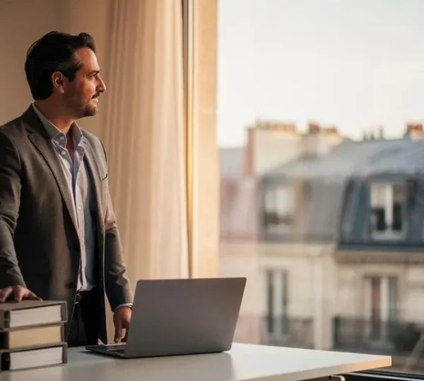 Jeune entrepreneur francais concentre au petit matin dans un espace de travail epure, symbolisant le lancement des 90 premiers jours d'une entreprise